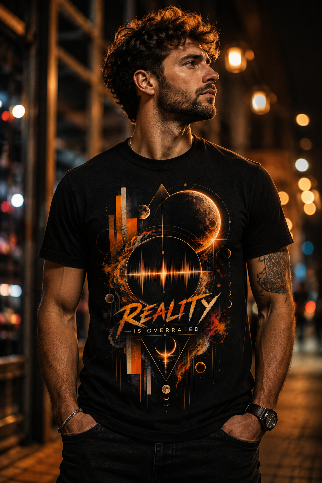 Man wearing Reality Is Overrated men’s rave and techno graphic T-shirt with orange cosmic geometry and soundwave artwork – Exalyn Studio