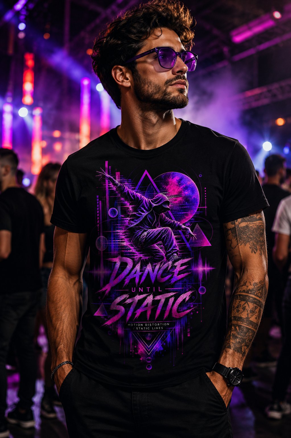 Man wearing Dance Until Static men’s rave and techno graphic T-shirt with purple and magenta glitch artwork – Exalyn Studio