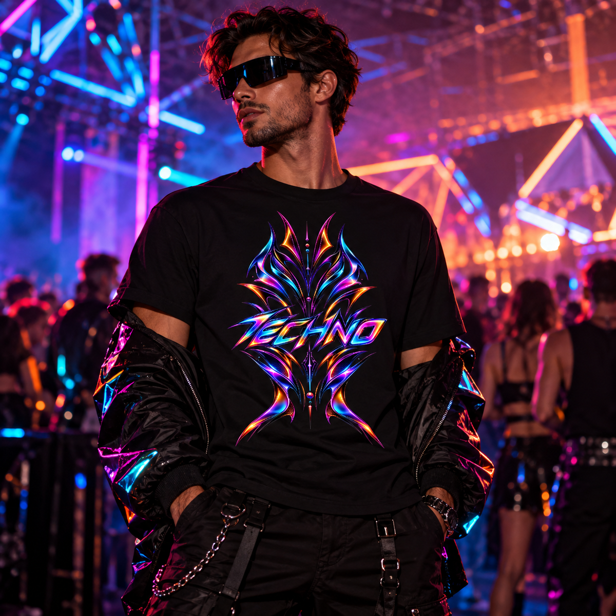 Men wearing a Black men's graphic T-shirt with colourful neon TECHNO artwork in blue, magenta, violet and orange by Exalyn Studio.