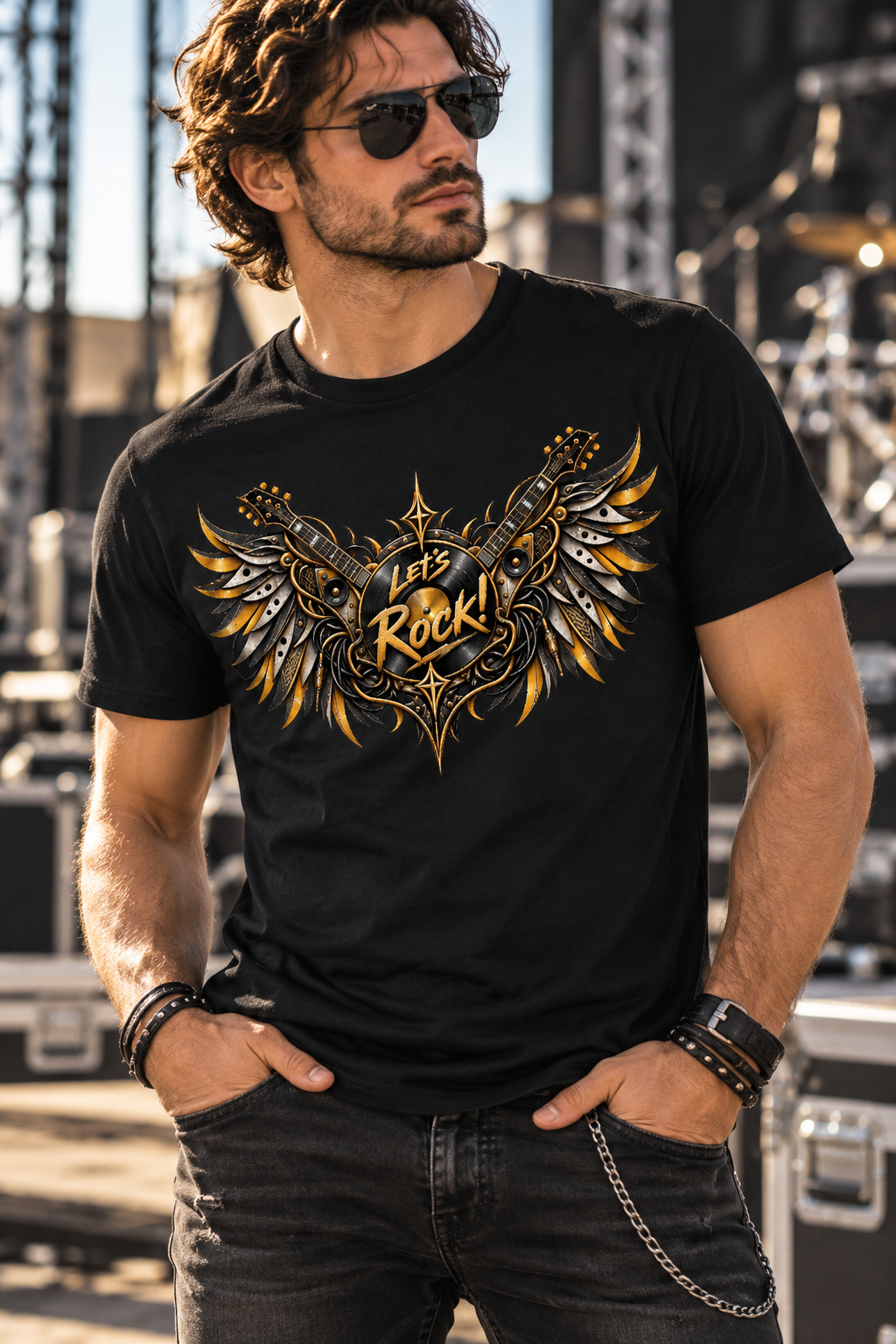 Men wearing a black Wings of Rock graphic T-shirt featuring two electric guitars, metallic wings and a central Let's Rock design.