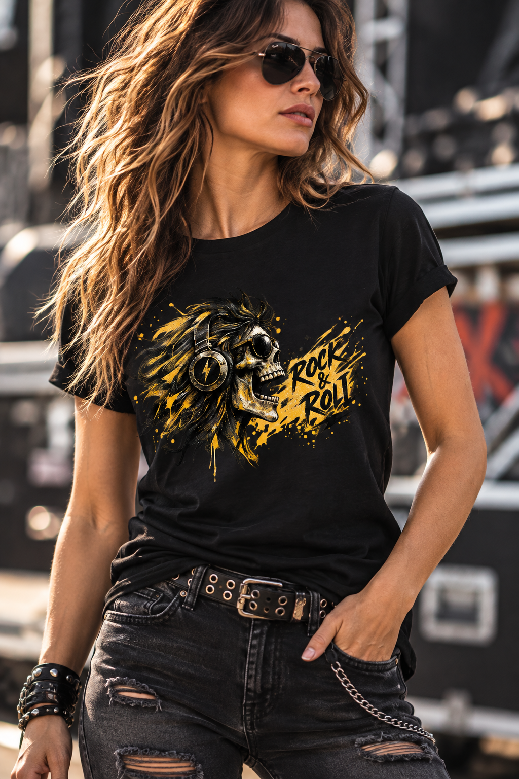Women wearing a black Wild Frequency rock graphic T-shirt featuring a skull wearing headphones with gold Rock & Roll lettering and expressive splatter details.