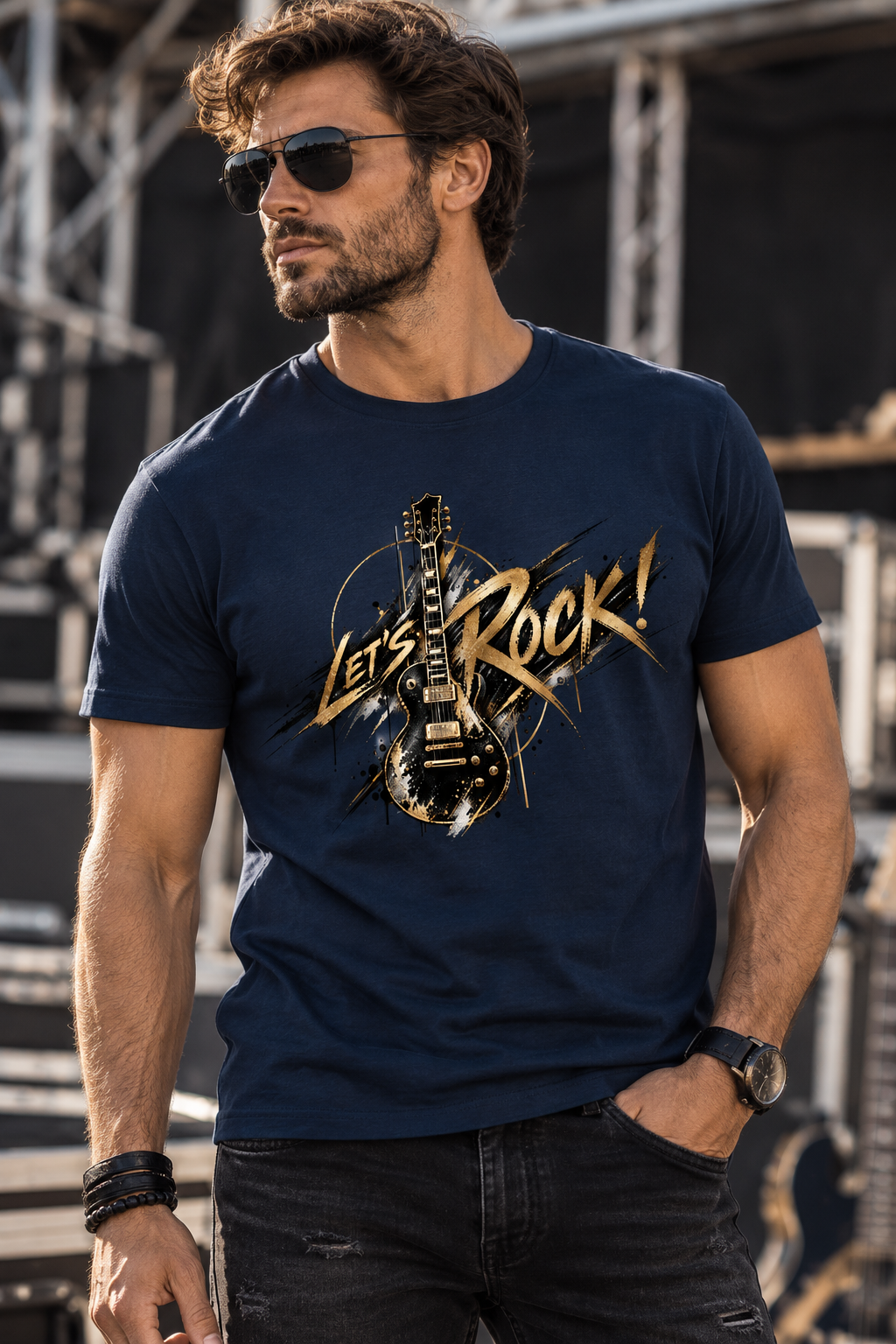 A man wearing a navy dark blue Electric Anthem rock graphic T-shirt featuring a metallic gold electric guitar and bold Let's Rock lettering.