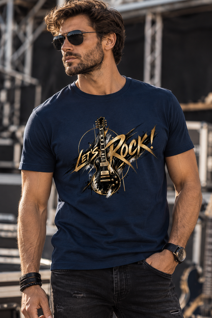 A man wearing a navy dark blue Electric Anthem rock graphic T-shirt featuring a metallic gold electric guitar and bold Let's Rock lettering.