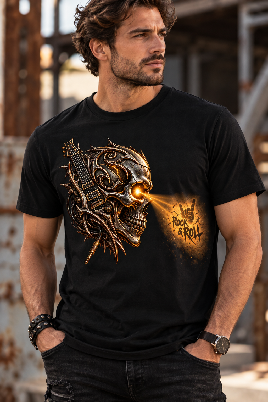 Men wearing a black Rock & Roll Vision graphic T-shirt featuring a metallic skull with guitar details and illuminated rock and roll artwork.