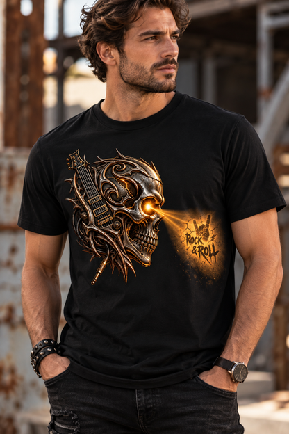 Men wearing a black Rock & Roll Vision graphic T-shirt featuring a metallic skull with guitar details and illuminated rock and roll artwork.