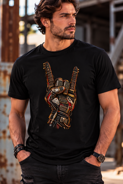 Men wearing a black Guitar Rebellion rock graphic T-shirt featuring a mechanical hand making the rock horns gesture with two electric guitars.
