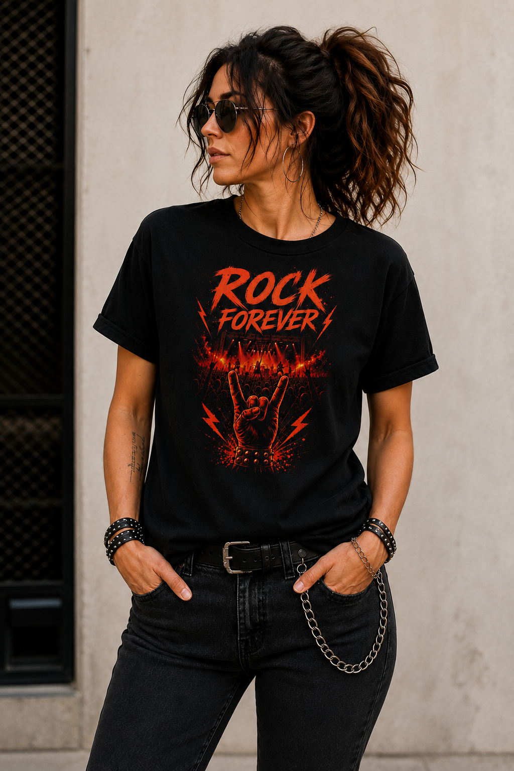 Woman wearing Rock Forever black rock graphic T-shirt with concert stage and rock hand artwork