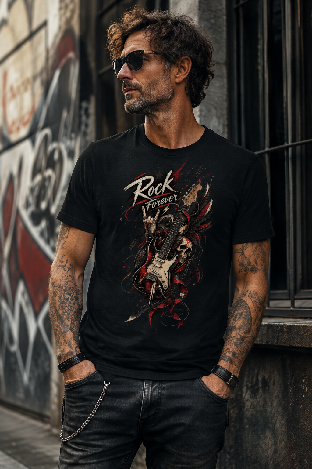 Man wearing Rock Forever black rock graphic T-shirt with electric guitar and rock-inspired artwork