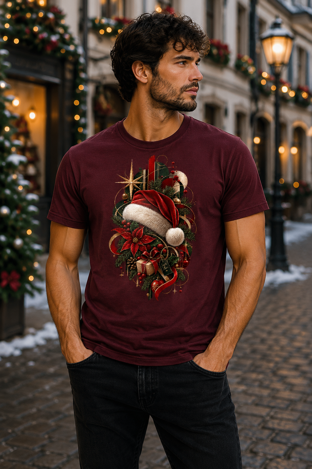 Man wearing burgundy Christmas Tradition men's seasonal graphic T-shirt featuring a Santa hat, poinsettias, gifts, evergreen branches and festive ornaments.