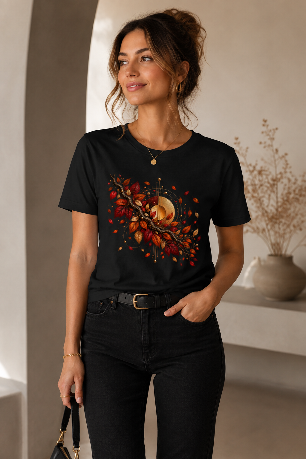 Women’s seasonal graphic T-shirt with artistic autumn botanical design by Exalyn Studio