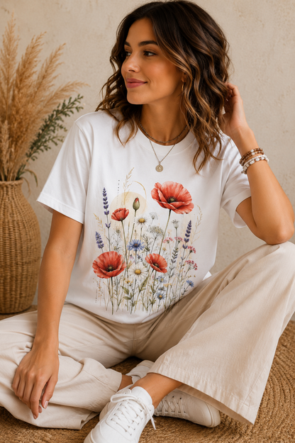 Woman wearing Summer Blossom white seasonal graphic T-shirt with red poppies and colorful wildflower botanical artwork.