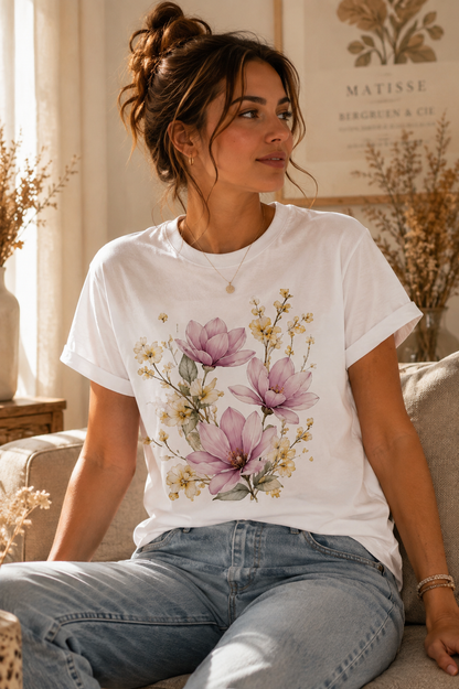 Woman wearing Summer Magnolia Dream white graphic T-shirt featuring purple magnolias and delicate yellow floral artwork.