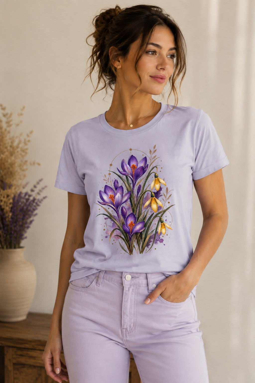 Woman wearing Spring Awakening seasonal graphic T-shirt with purple crocuses and golden snowdrop floral artwork