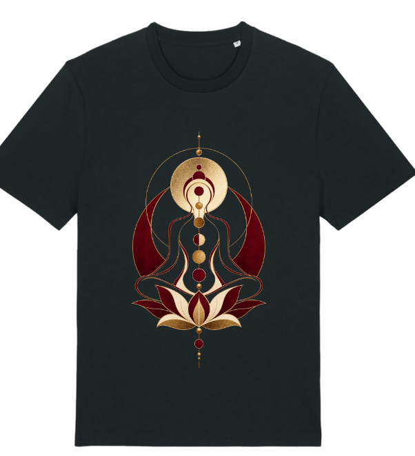 Women's spiritual graphic T-shirt with stylized meditation figure, lotus and burgundy, cream and gold geometric artwork