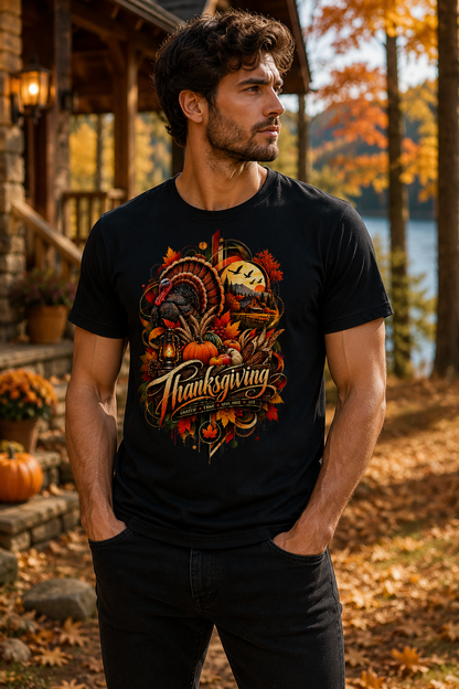 Man wearing black Thanksgiving Harvest men's seasonal graphic T-shirt featuring turkey, pumpkins, autumn leaves, lantern and harvest artwork.