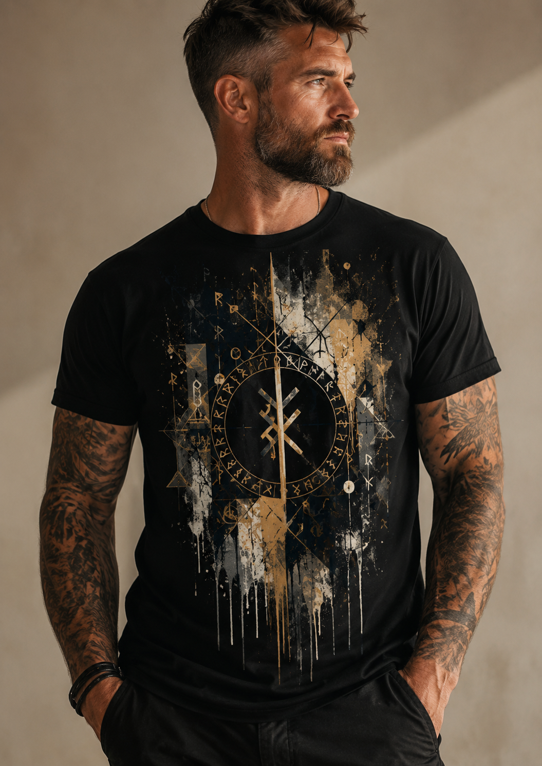 Man wearing Runic Geometry black Norse mythology graphic T-shirt featuring abstract runes, geometric symbols and gold paint details.