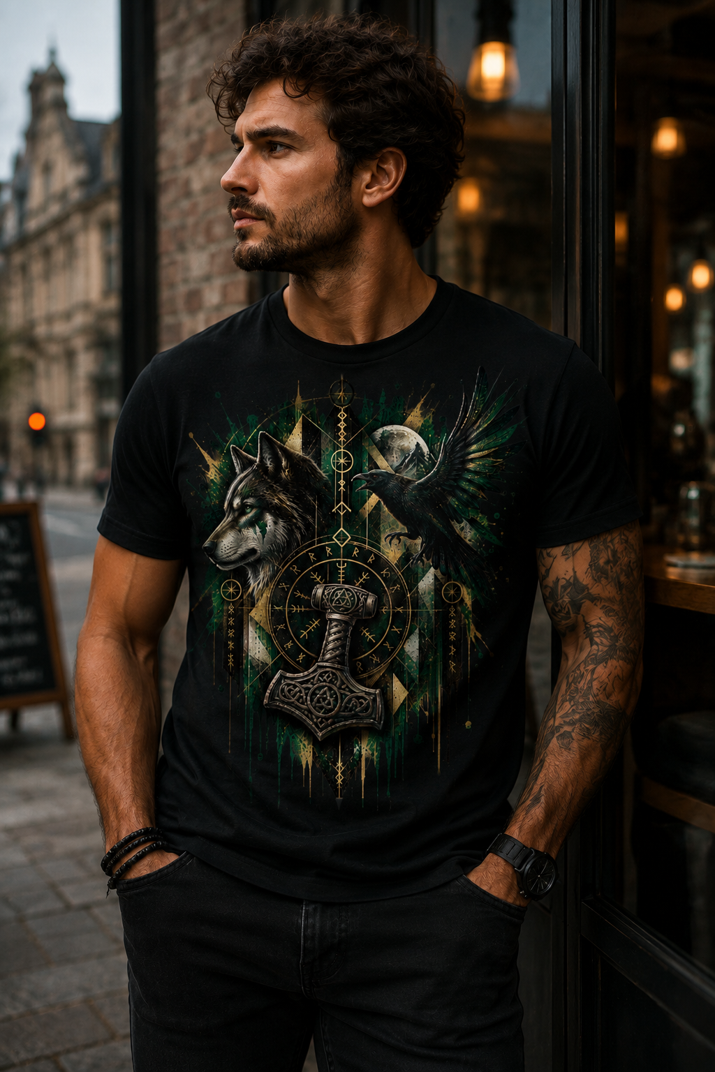 Man wearing Vikings Resonance black Viking mythology graphic T-shirt featuring a wolf, raven, Mjölnir, Norse runes and green-gold geometric artwork.