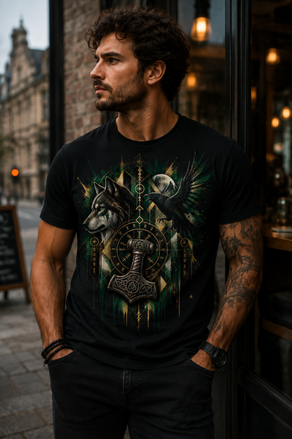 Man wearing Vikings Resonance black Viking mythology graphic T-shirt featuring a wolf, raven, Mjölnir, Norse runes and green-gold geometric artwork.