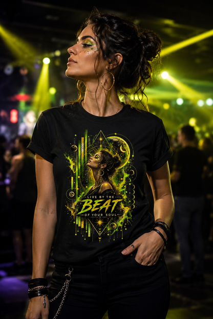 Woman wearing the Live by the Beat women’s rave graphic T-shirt with lime green and yellow celestial artwork at a techno party.