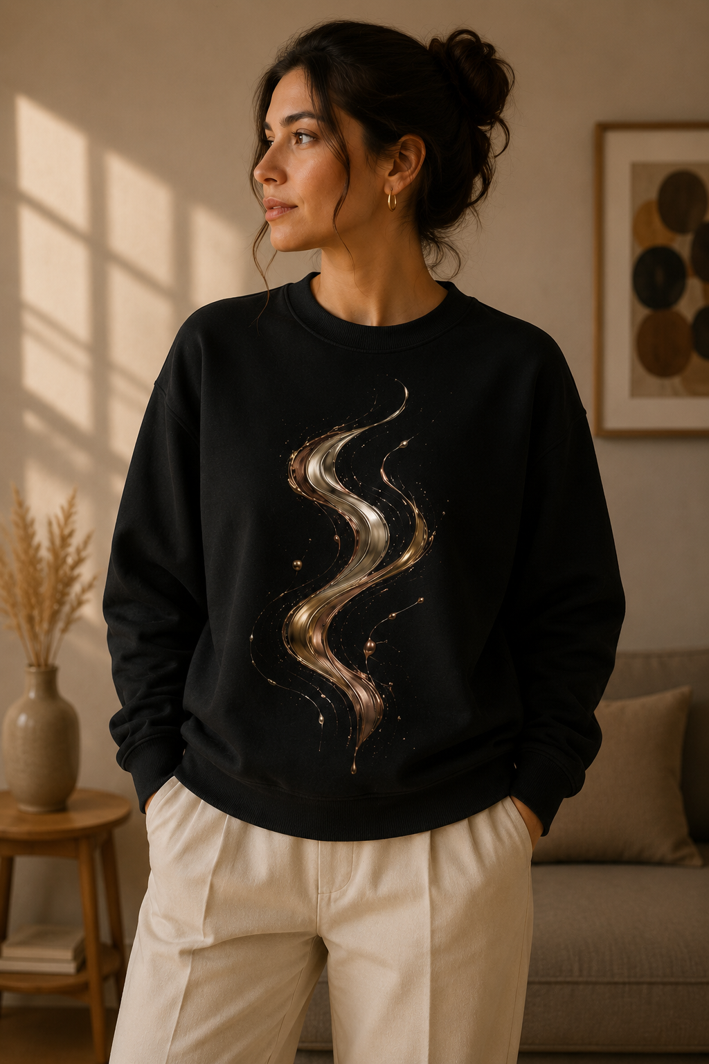 Black unisex abstract graphic sweatshirt featuring Gilded Current fluid metallic artwork in gold, bronze and luminous ivory tones