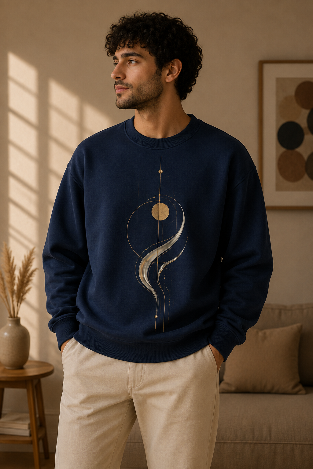 Navy unisex abstract graphic sweatshirt featuring Celestial Flow with a fluid silver and gold form, orbital lines and geometric details