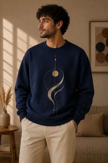 Navy unisex abstract graphic sweatshirt featuring Celestial Flow with a fluid silver and gold form, orbital lines and geometric details