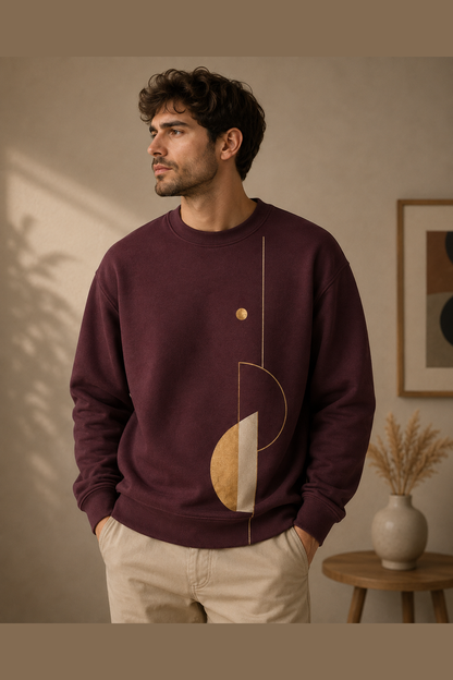 Burgundy unisex graphic sweatshirt with minimalist gold, ivory and burgundy abstract geometric Linear Harmony artwork