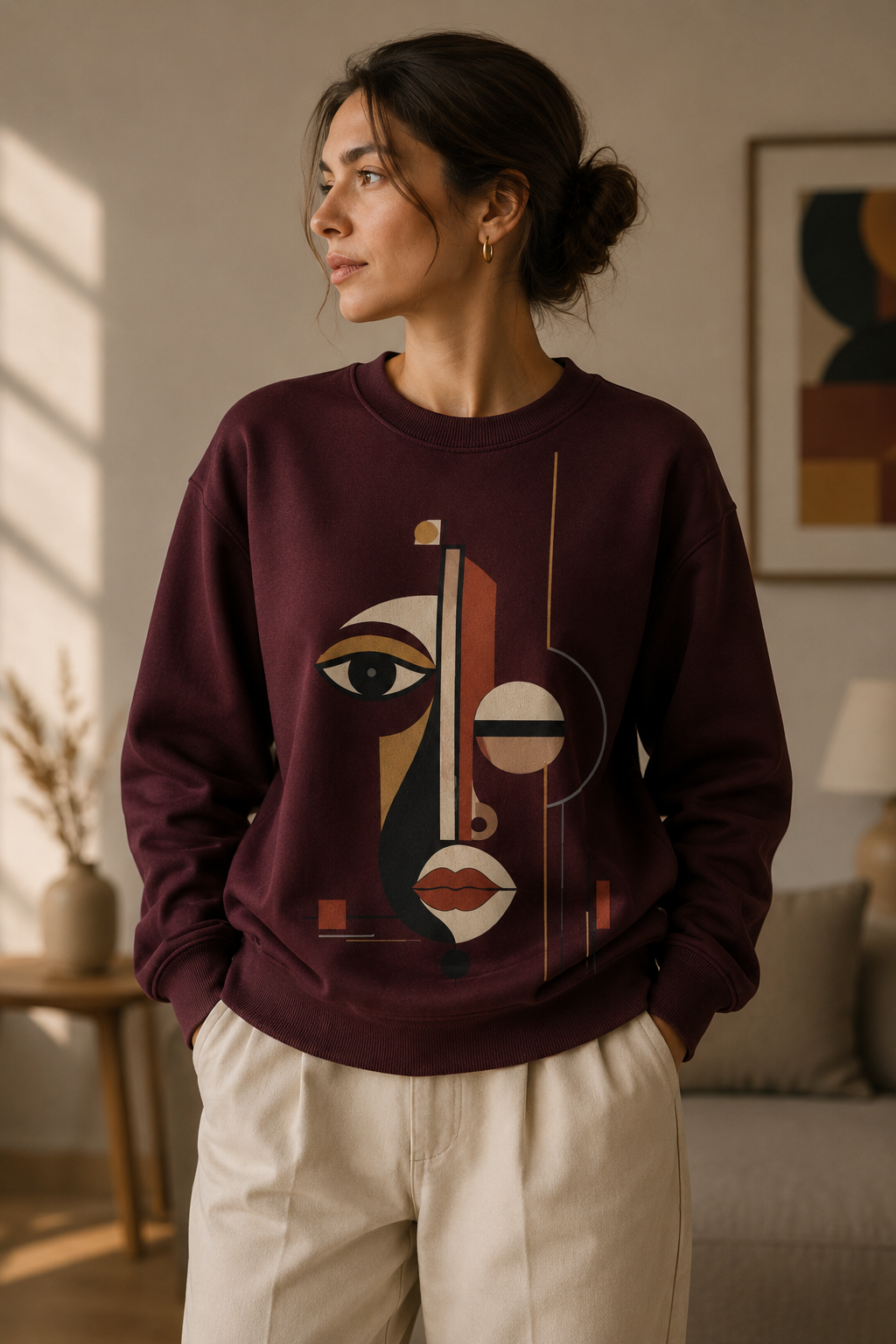 Burgundy unisex graphic sweatshirt featuring Modern Essence abstract geometric face artwork in gold, ivory, terracotta, black and burgundy