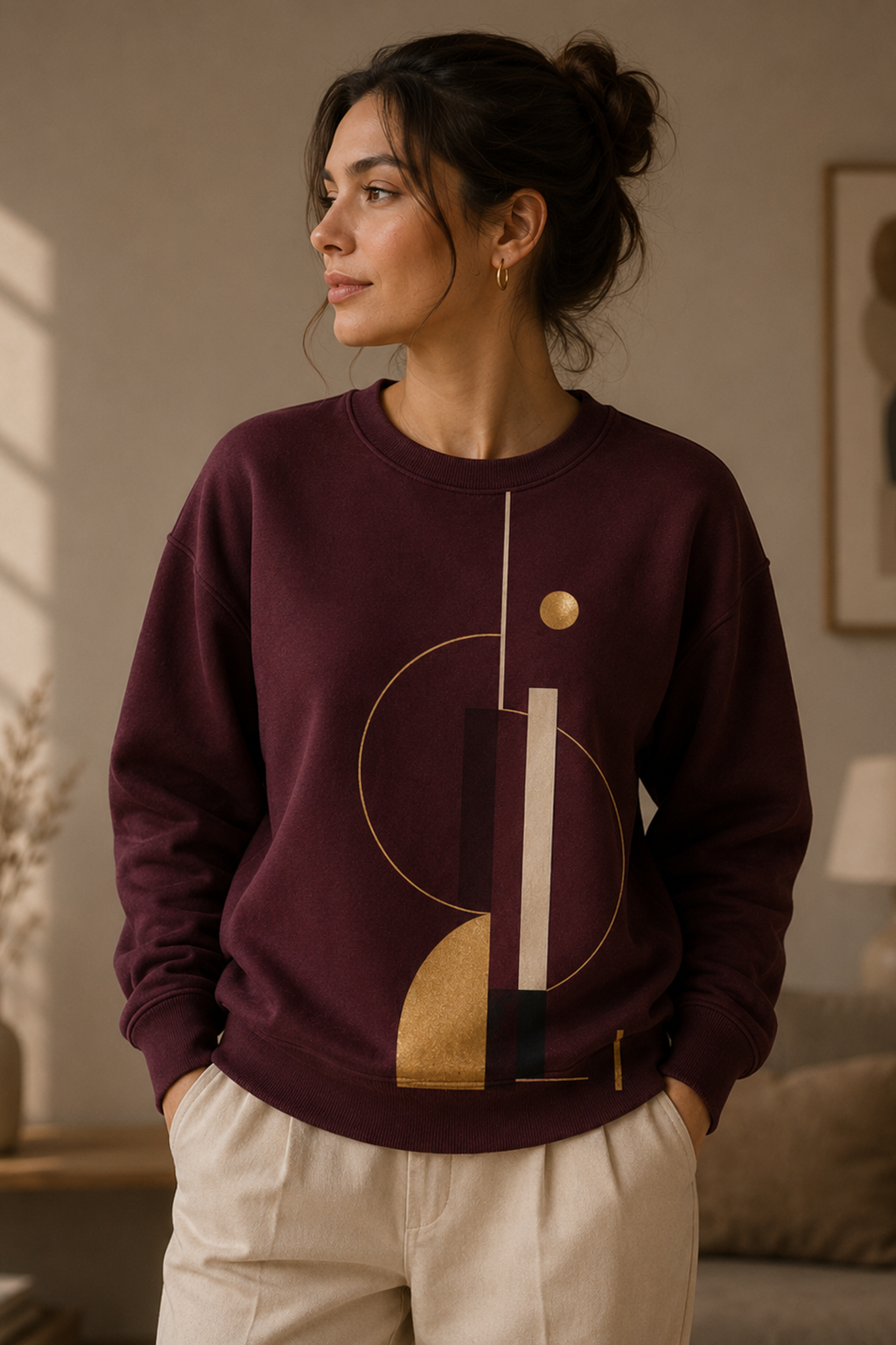 Burgundy unisex sweatshirt featuring Golden Axis minimalist abstract geometric artwork in gold, ivory and burgundy