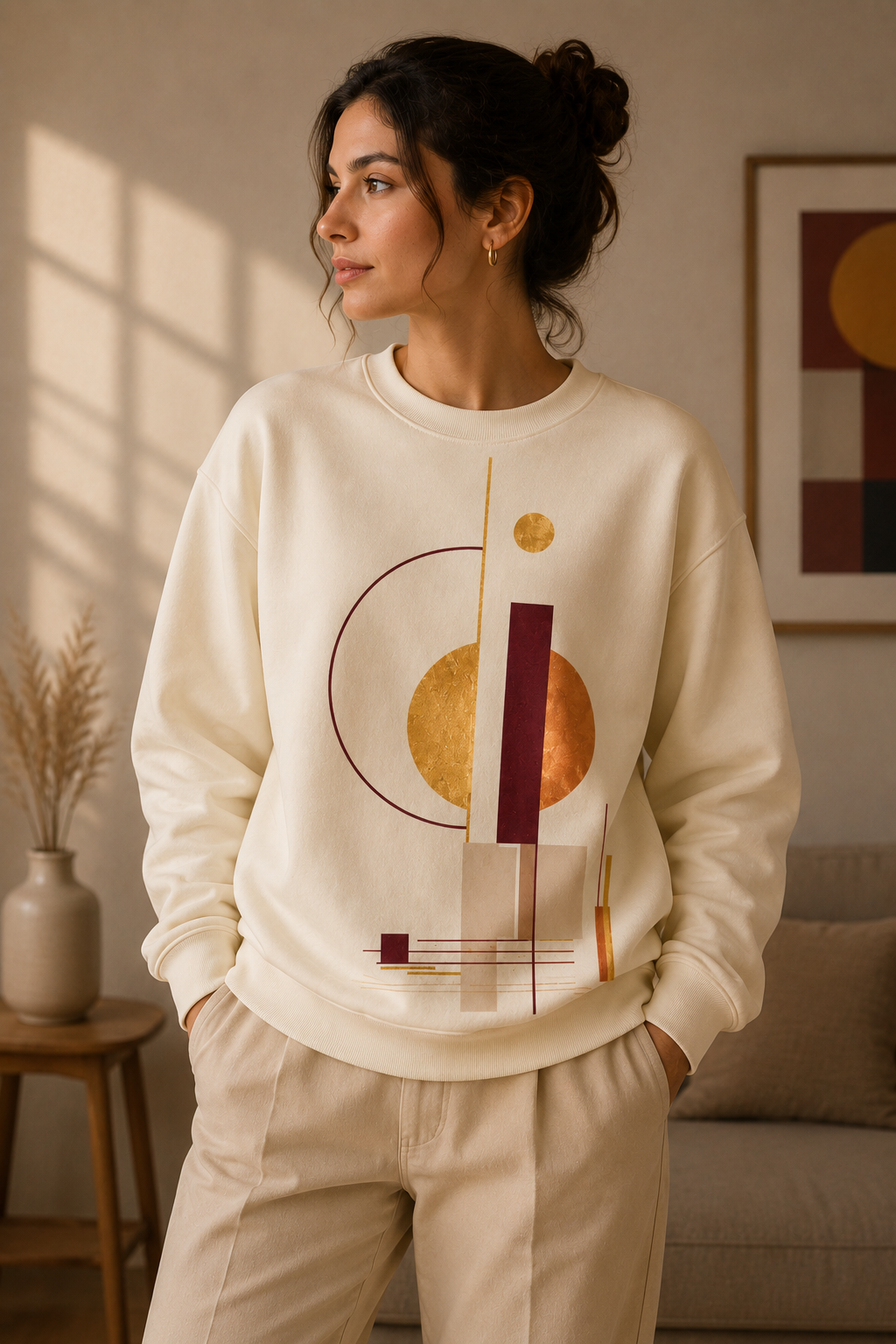 Ivory unisex graphic sweatshirt featuring Form & Orbit abstract geometric artwork in textured gold, copper and deep burgundy