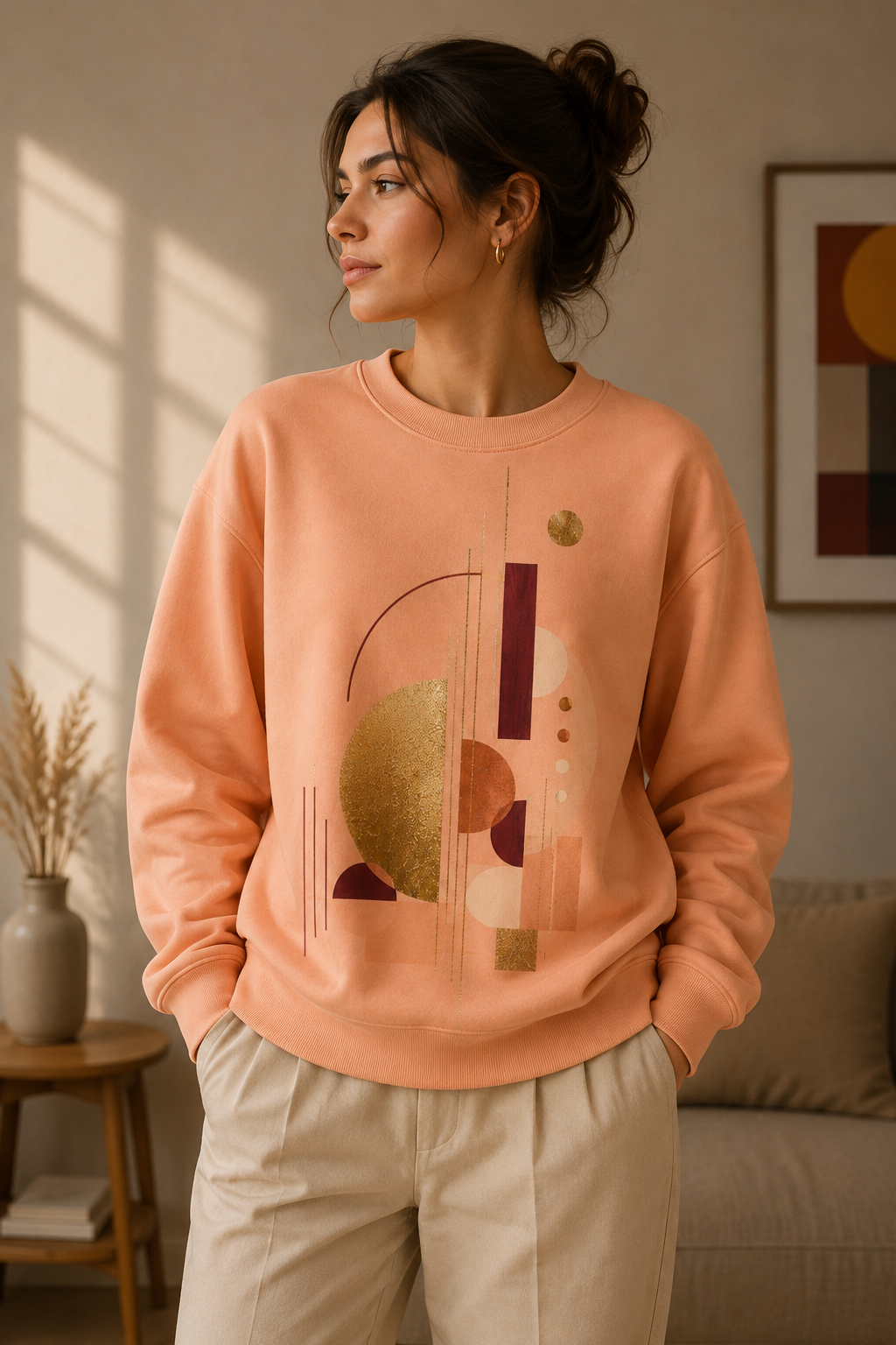 Fraiche Peche unisex abstract graphic sweatshirt featuring Structured Orbit artwork in textured gold, copper and deep burgundy geometric forms