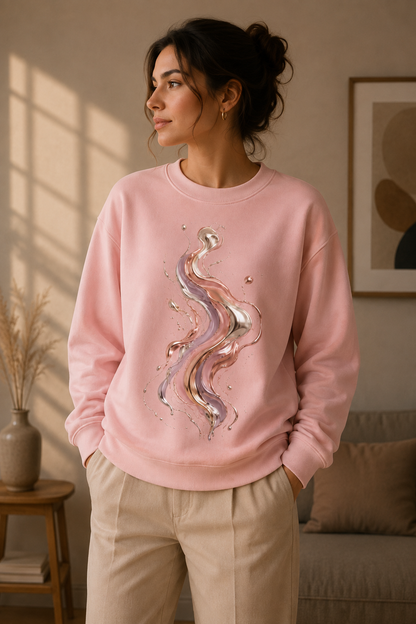 Pink unisex abstract graphic sweatshirt featuring Molten Blush fluid metallic artwork in rose gold, silver, champagne and soft blush tones