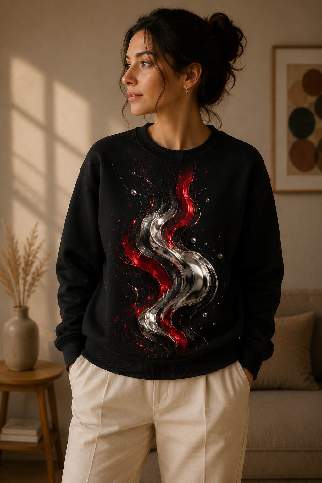 Black unisex abstract graphic sweatshirt featuring Molten Pulse fluid metallic artwork in vivid red and polished silver