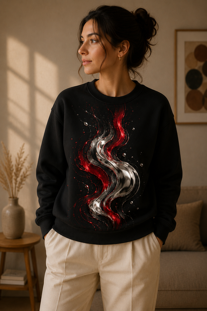 Black unisex abstract graphic sweatshirt featuring Molten Pulse fluid metallic artwork in vivid red and polished silver